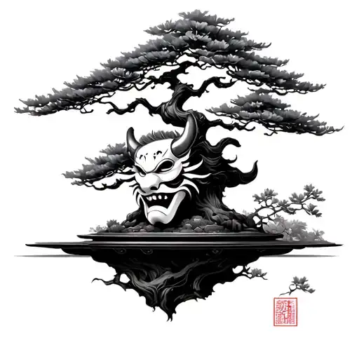 Sakura Tree With Bonsai With Oni Mask