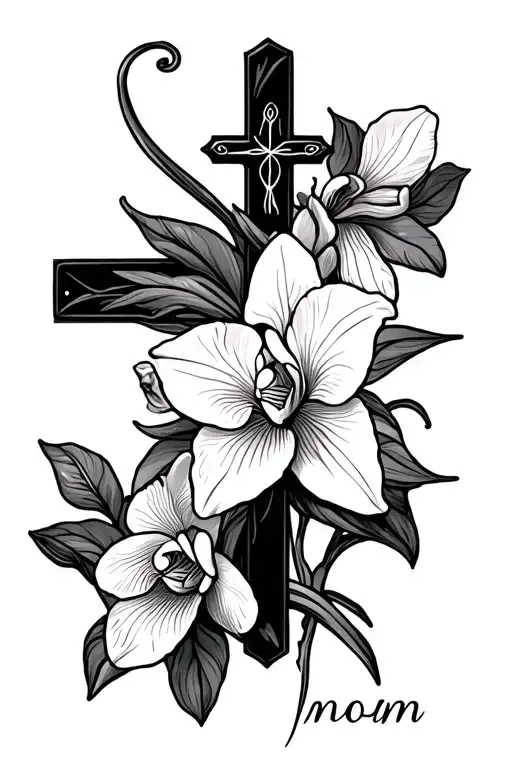 Memorial Tattoo For Mom With Cross And Orchid