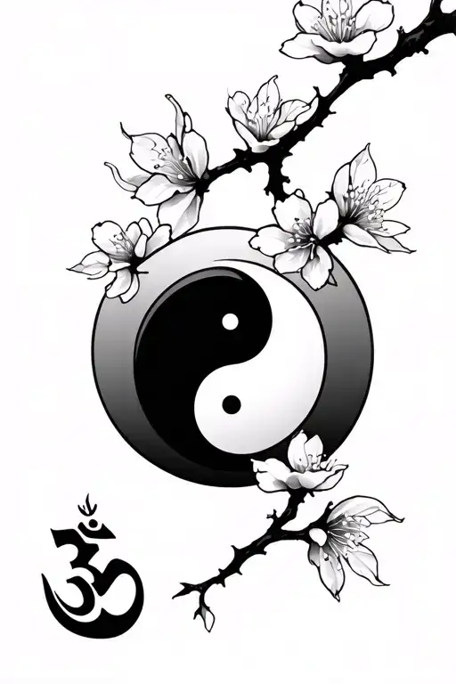 Cherry Blossom Branches With A Smaller Yin And Yang Symbol And A Small Hindu Om Symbol