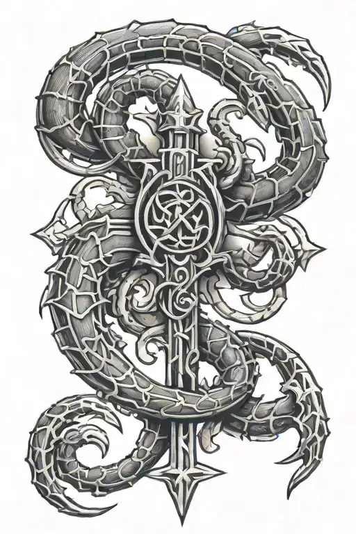 Cross And Scorpion Mixed With Roman Numerals Intertwined