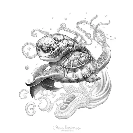 Dark Mermaid With A Turtle And Jellyfish
