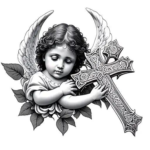 Child Angel Rose Intertwined With A Cross