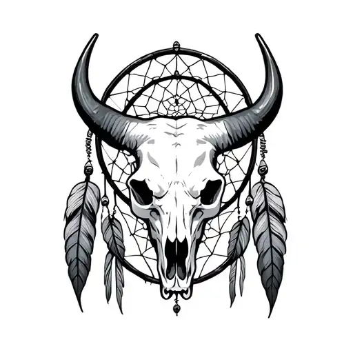Bull Skull Surrounded By Dream Catcher