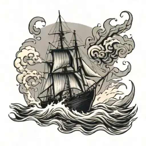 Old Sailboat On Fire In Ocean Scene