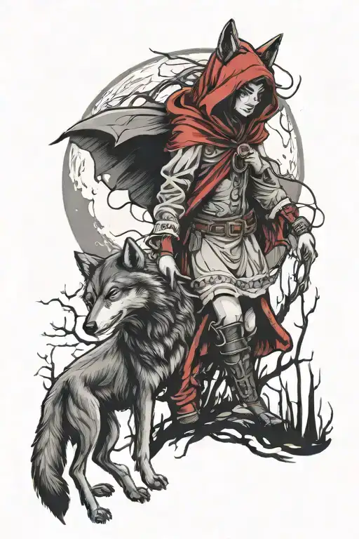 Little Red Riding Hood And Evil Wolf In A Dark Forest With Moon