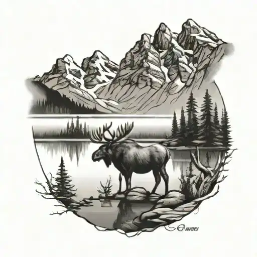 A Moose Next To A Lake With Mountains In The Background