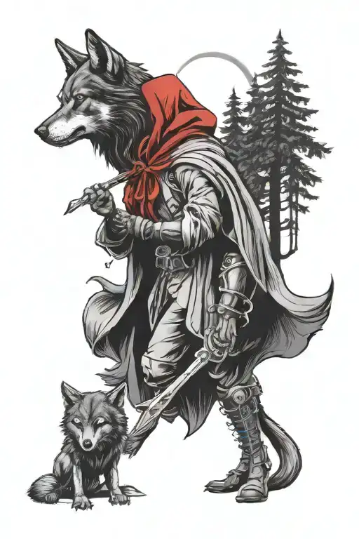 Little Red Riding Hood And Evil Wolf In A Dark Forest With Moon