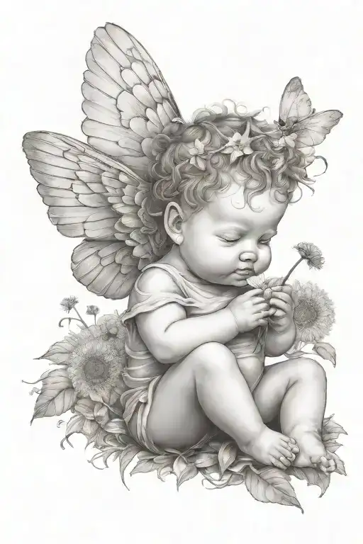 Cute Baby Cherub Holding A Dandelion Flower And Sitting In A Field Of Flowers