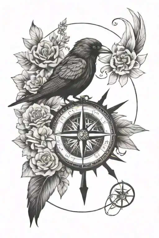 Flowers And Crow And Compass Surrounded By Various