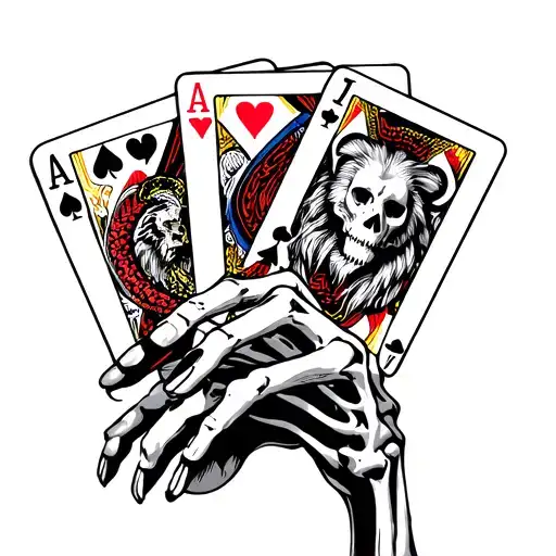 Skeleton Hand Holding Aces Of Cards With Snake And Lion