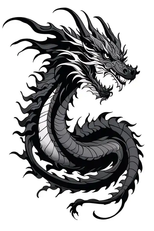 Thin Line Black Dragon Tattoo For A Teenage Girl Going Up The Spine