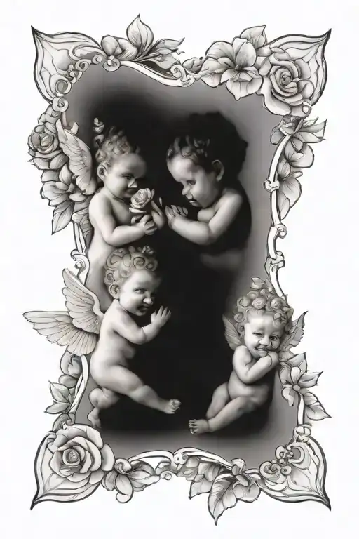 6 Cute Realistic Cherubs Holding Flowers As A Family Tree