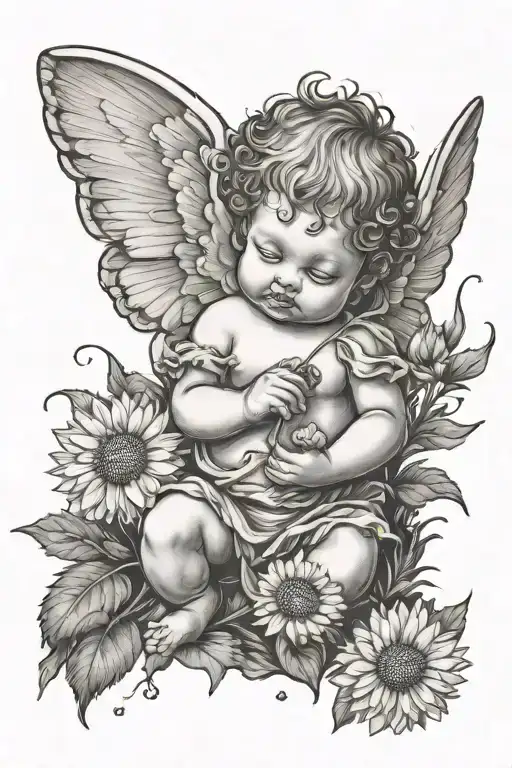 Cute Cherub Holding A Dandelion Flower Sitting In A Field Of Flowers