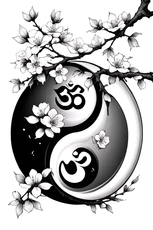 Cherry Blossom Branches With A Yin And Yang Symbol And A Hindu Om Symbol