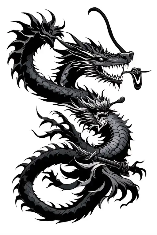 Japanese Dragon Intertwined With Samurai Warrior