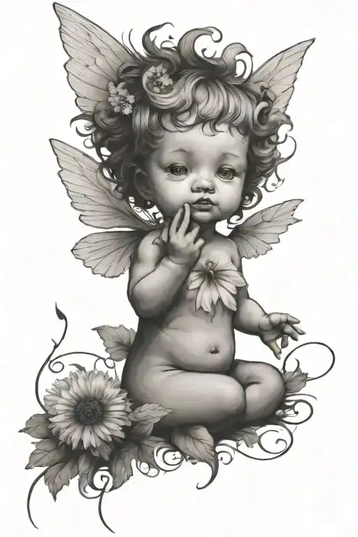 Cherub Tattoo Holding A Dandelion Flower