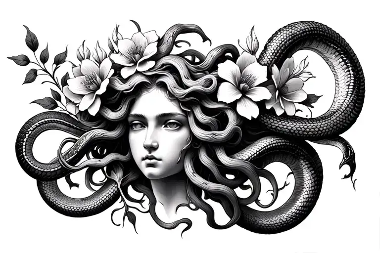 Medusa Head With Flowers Blooming Between Snakes Coming