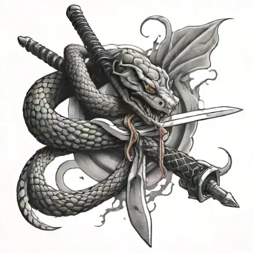 Snake Bleeding While Wrapped Tightly Around A Samurai Sword
