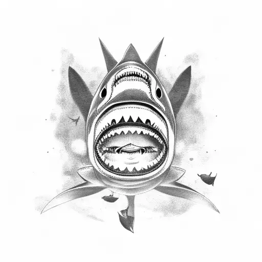 A Black And Grey Portrait Of A Shark With Musical Instruments Incorporated Into Its Body
