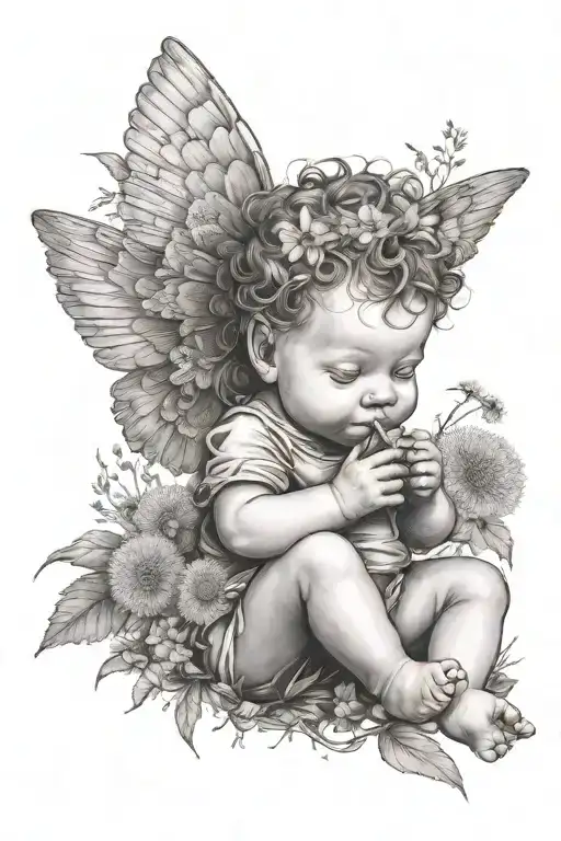 Cute Baby Cherub Holding A Dandelion Flower And Sitting In A Field Of Flowers