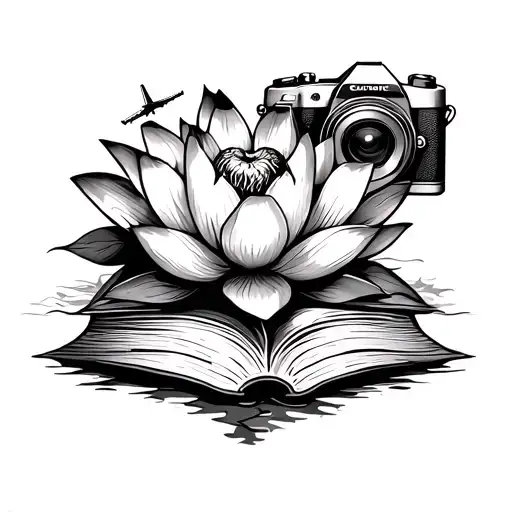Lotus Flower With Books A Heartbeat With Airplane And A Camera