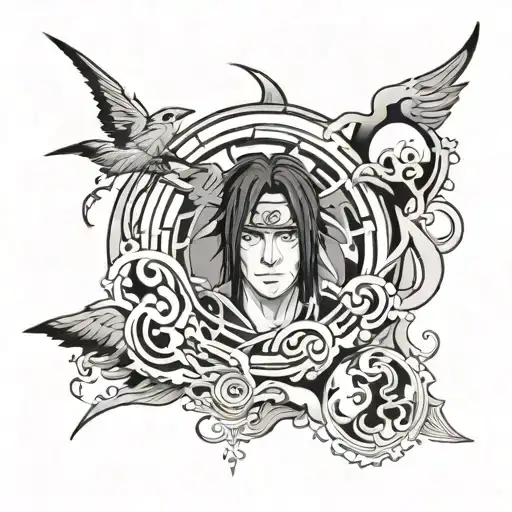 Design A Black And Grey Tattoo Of Itachi With A Hidden Mangekyo Pattern Within The Shading