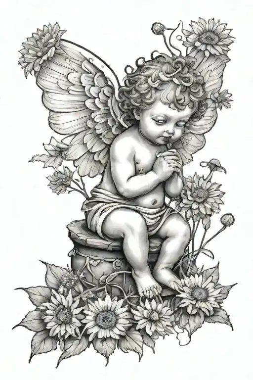 Cute Cherub Holding A Dandelion Flower Sitting In A Field Of Flowers