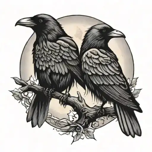 Art Of Two Crows With The Full Moon As Background