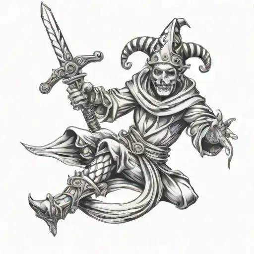 Full Body Jester With Legs Wrapped Around A Sword