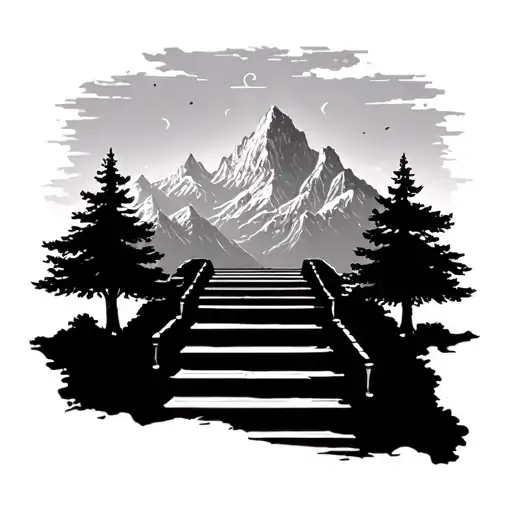 Stairway To Heaven With Mountains At The Top And Trees On Either Side Of The Stairs