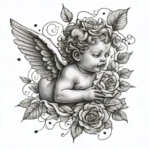 Tattoo Of A Cherub In A Field With Delicate Rose Petals Falling Around Them