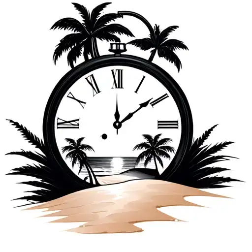 Clock Tatto With Sand And A Sunrise With Palm Tree