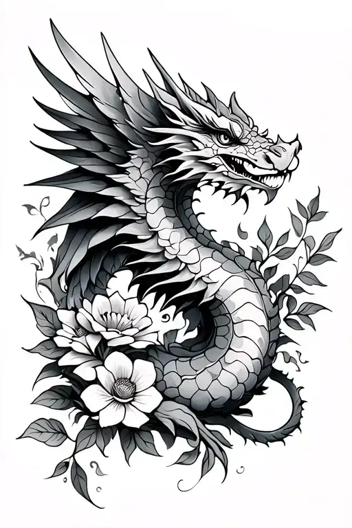 Dragon Straight Down With Flowers And Wing And Leaves Off To The Side