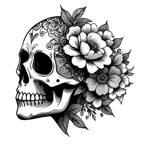 Side Profile Sugar Skull Surrounded By Flowers