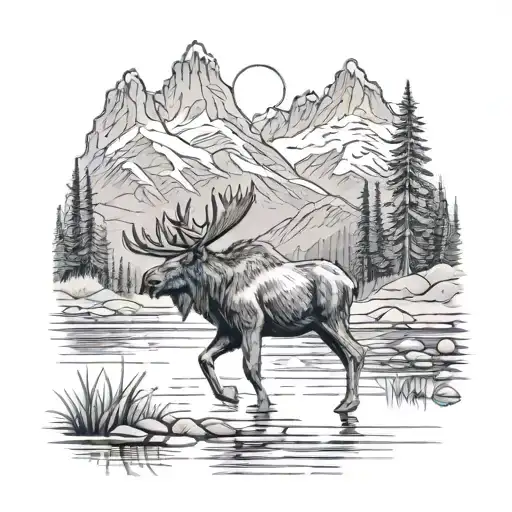 A Moose Next To A Lake With Mountains In The Background