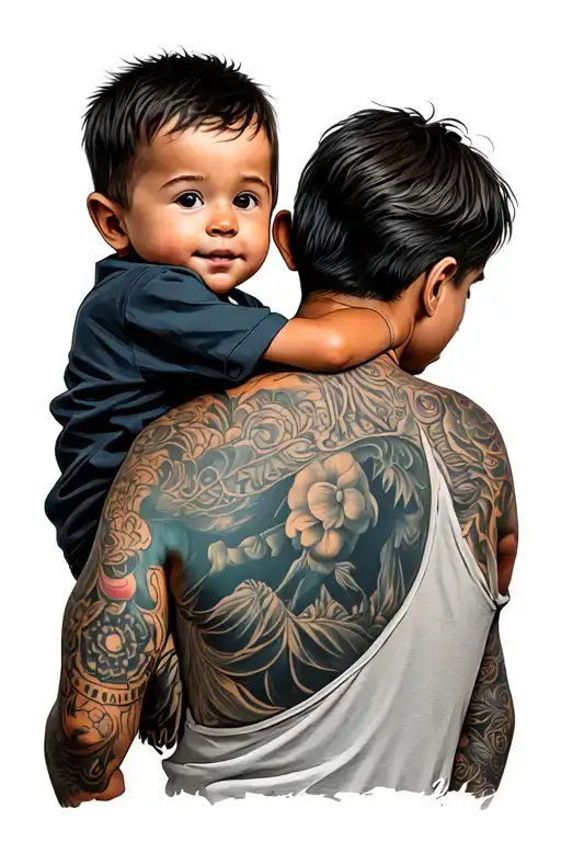 Grandfather With Grandson On His Shoulders Seen From Behind