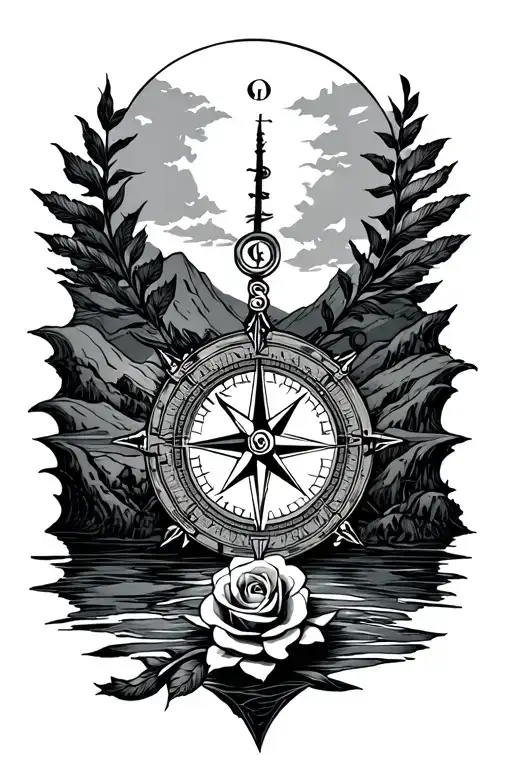 Compass And Rose With Landscape