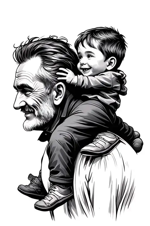 Grandfather With Grandson On His Shoulders Seen From Behind