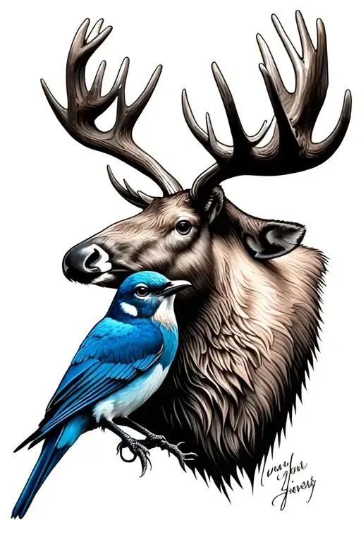 Moose Antlers And Blue Bird Perched