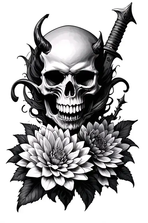 Demon Skull With Dagger Surrounded By Dahliahs