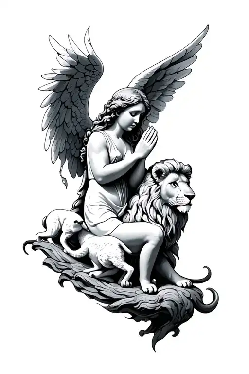 Praying Angel With Lion And Lamb