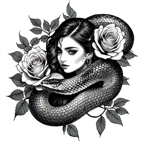 Snake With Roses And Woman