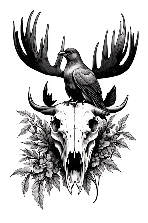 Moose Skull And Bird Perched