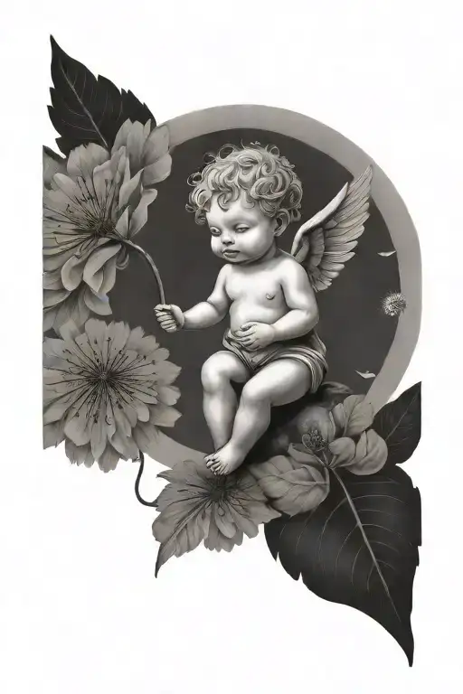 Cute Cherub Holding A Dandelion Flower
