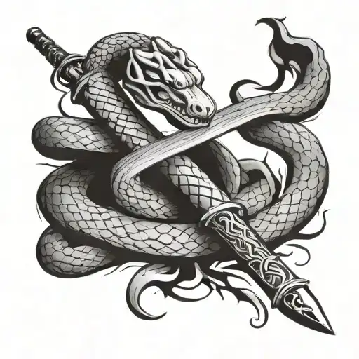 Snake Bleeding While Wrapped Tightly Around A Samurai Sword