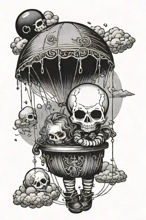 A Creepy Doll Holding A Black Balloon With A Skull Design Floating In A Dark Stormy Sky