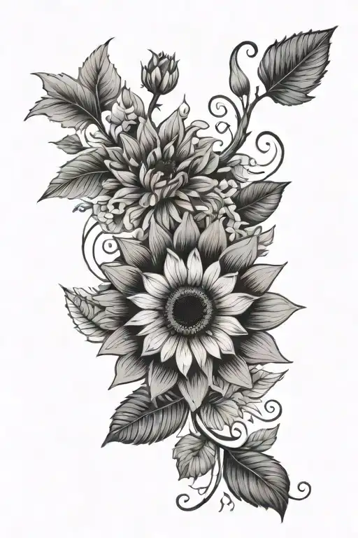 Half Mandala And Half Sunflower With Flowers And Branches Of Leaves