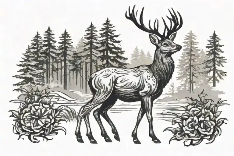Majestic Deer In The Forest Black And White In Viking Style