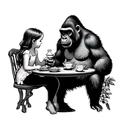Gorilla Having Tea Party With Girl Sitting