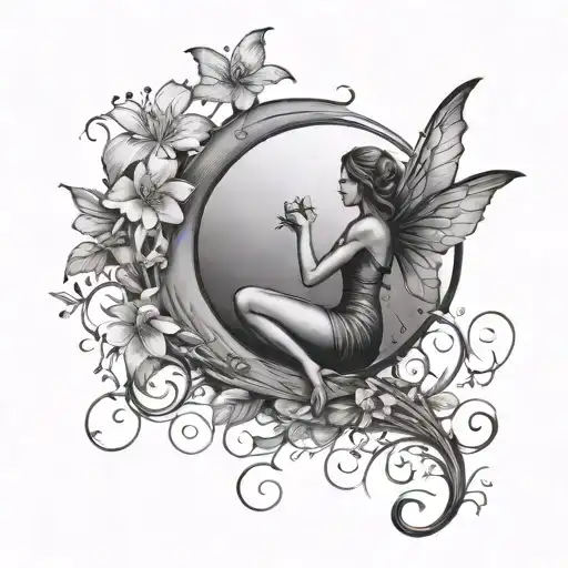 Silhouette Of A Fairy On A Crescent Moon With Water Lillies And Violets Simple